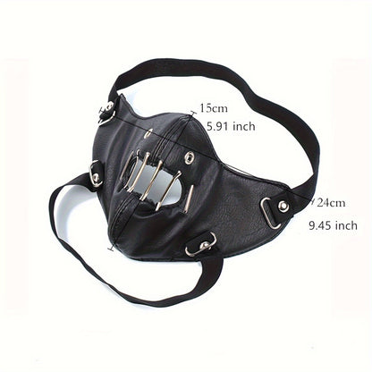 1pc Faux Leather Safety Pin Mask, Unisex Hollow-Out Novelty Face Covering for Halloween Party Costume, Funky Men's Fashion Accessory