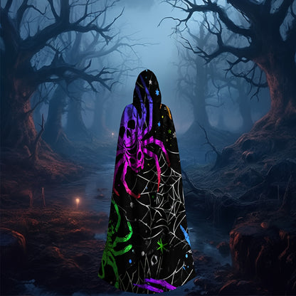1pc Neon Glow-in-the-Dark Spider Print Witch's Robe - Norse Mythology Costume with Neon Web Design, Unisex Adult Hooded Cloak for Halloween Cosplay, Themed Parties & Costume Events (Hand Wash Only) - Multicolor Neon Colors (G