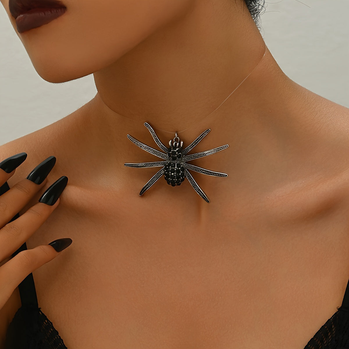[Gothic Spider Necklace] Gothic Spider Women's Pendant Necklace | Dark Transparent Fishline Exaggerated Large Halloween Party Jewelry