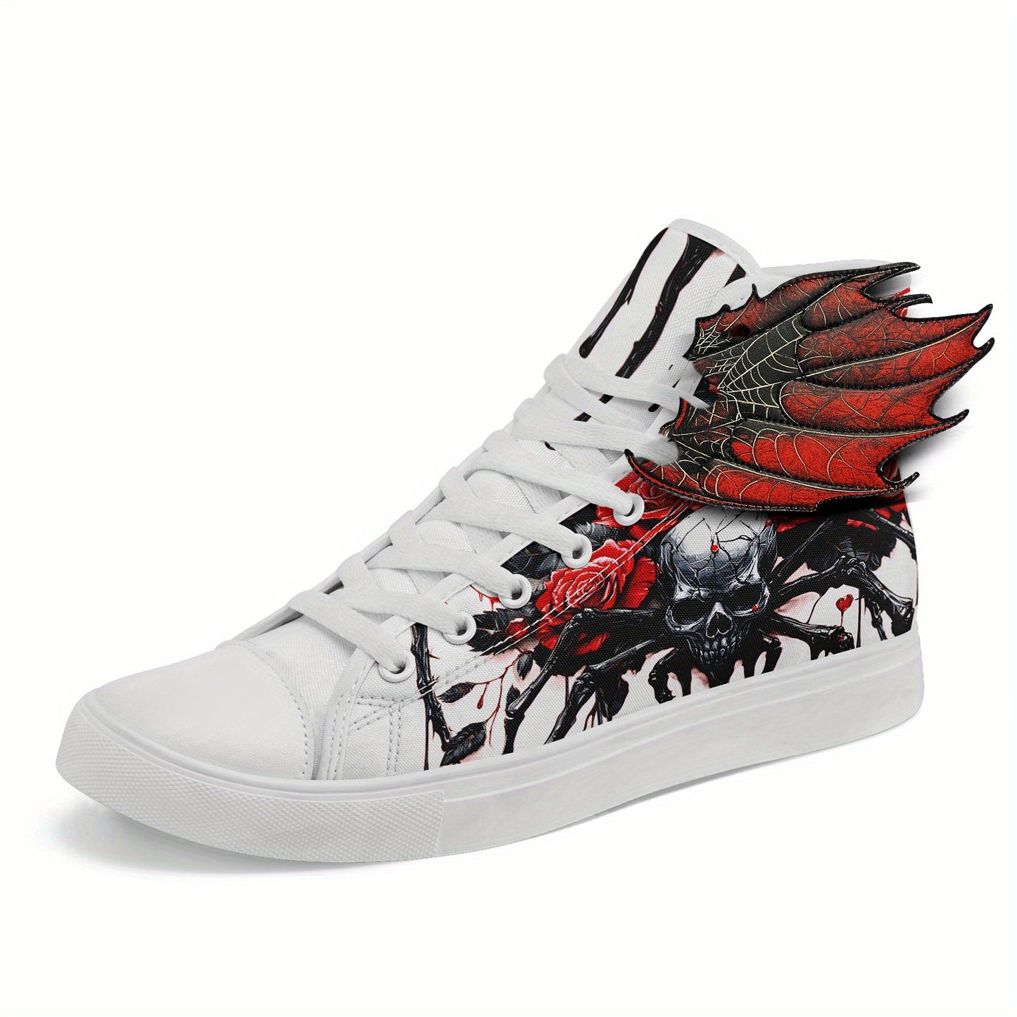 [Gothic Punk Sneakers] Gothic Punk Sneakers for Men - High-Top Shoes with 3D Red Flame Skull & Wing Design | Lace-Up Closure for Halloween, Gothic Parties, Everyday Streetwear | All-Season Comfortable, Casual Sport, Horror Ae