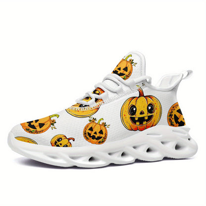 Men'S Halloween Pumpkin Print Casual Sneakers - White Low-Top Lace-Up Trainers with Orange & Black Jack-O'-Lantern Design, Comfortable EVA Sole for Daily Wear & Halloween, PLUS SIZE, Halloween Shoes, Trendy Streetwear, Durabl