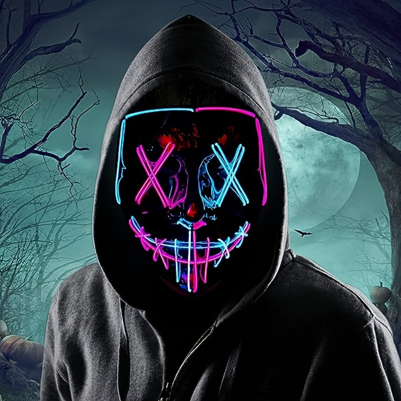 [LED Halloween Mask] 1pc LED Halloween Mask - Motion Sensor, Neon Glow, Sound-Activated Lighting, PVC Horror Face Mask for Adults/Teens, Compatible with Halloween, Haunted Houses, Clubs, Festive Celebration, Glowing Effect, H