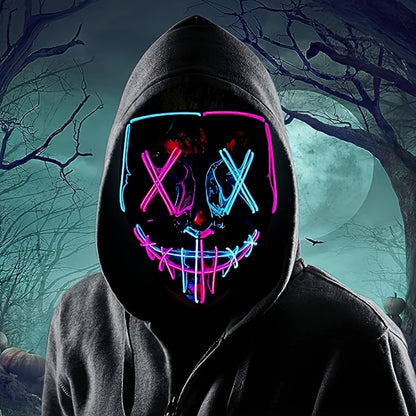 [LED Halloween Mask] 1pc LED Halloween Mask - Motion Sensor, Neon Glow, Sound-Activated Lighting, PVC Horror Face Mask for Adults/Teens, Compatible with Halloween, Haunted Houses, Clubs, Festive Celebration, Glowing Effect, H