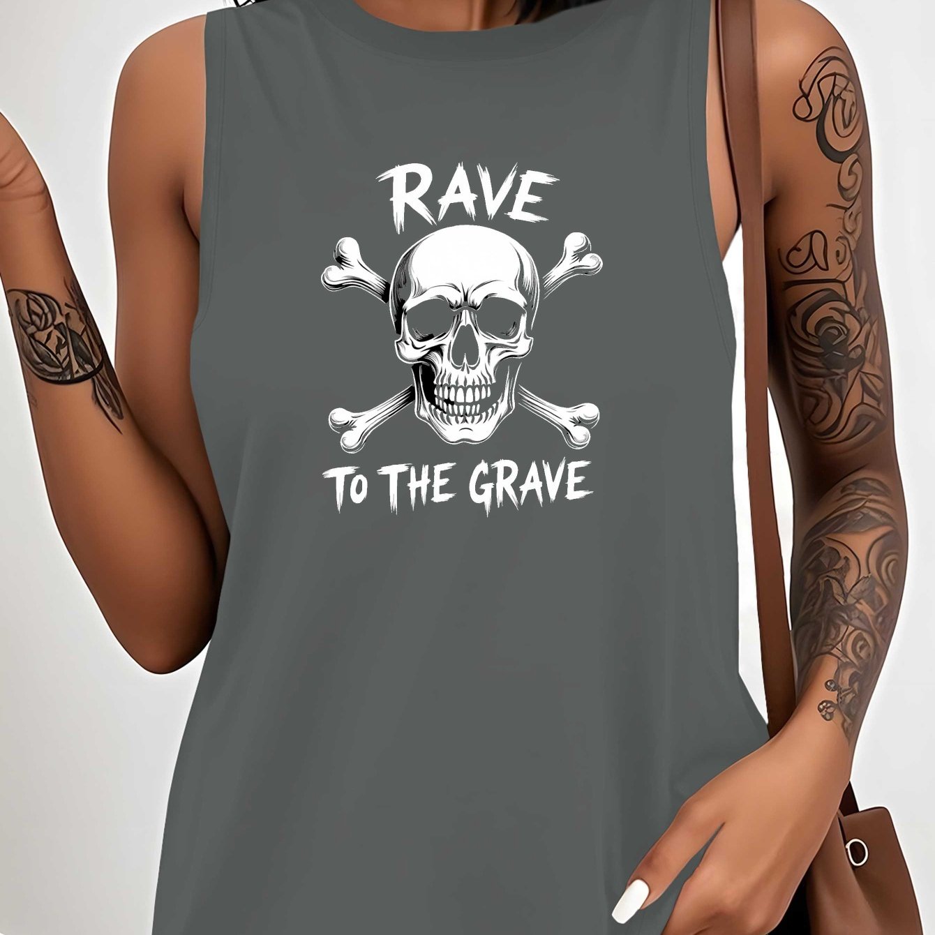 Rave to The Grave Skull & Crossbones Graphic Women's Sleeveless Vest - Edgy Casual Round Neck Top, Machine Washable All-Season Wear for Parties & Everyday Outfits, Party Apparel, Bold Pattern, Edgy Fashion, Bold Print Quality