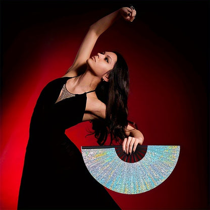 Large Glitter Rave Folding Clack Hand Fan with Holster - Vibrant Mosaic Pattern, Durable Bamboo for Festivals, Halloween, EDM Parties, Burlesque & Drag Queen Performances - Unisex Accessory, Halloween Accessory | Contemporary