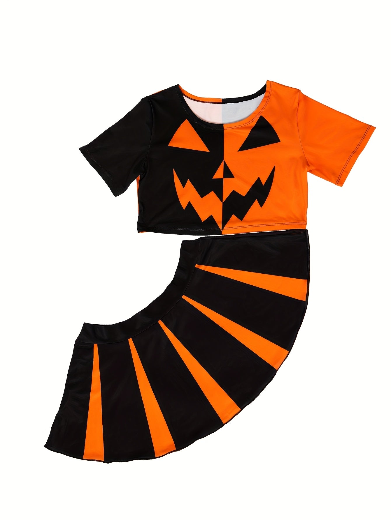 Pair of Funny Pumpkin Face Costume Women'S Sexy Lingerie Contrast Color Round Neck Short Sleeve Top Dress Set