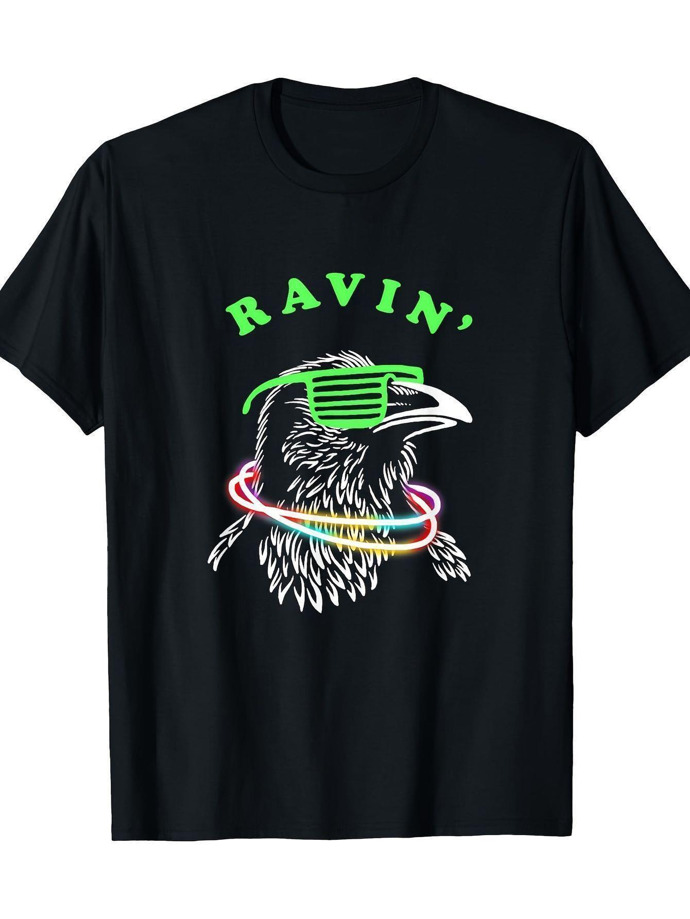 Men's & Women's Rave Party T-Shirt - Neon Bird Graphic Tee with RAVIN' Text - Heavyweight 180gsm Cotton Shirt - Glow-in-the-Dark Party Outfit - Machine Washable Black Clubwear - Sizes S-XXXL - Fun Gift for Concerts, Festivals