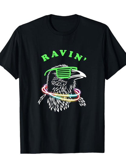Men's & Women's Rave Party T-Shirt - Neon Bird Graphic Tee with RAVIN' Text - Heavyweight 180gsm Cotton Shirt - Glow-in-the-Dark Party Outfit - Machine Washable Black Clubwear - Sizes S-XXXL - Fun Gift for Concerts, Festivals
