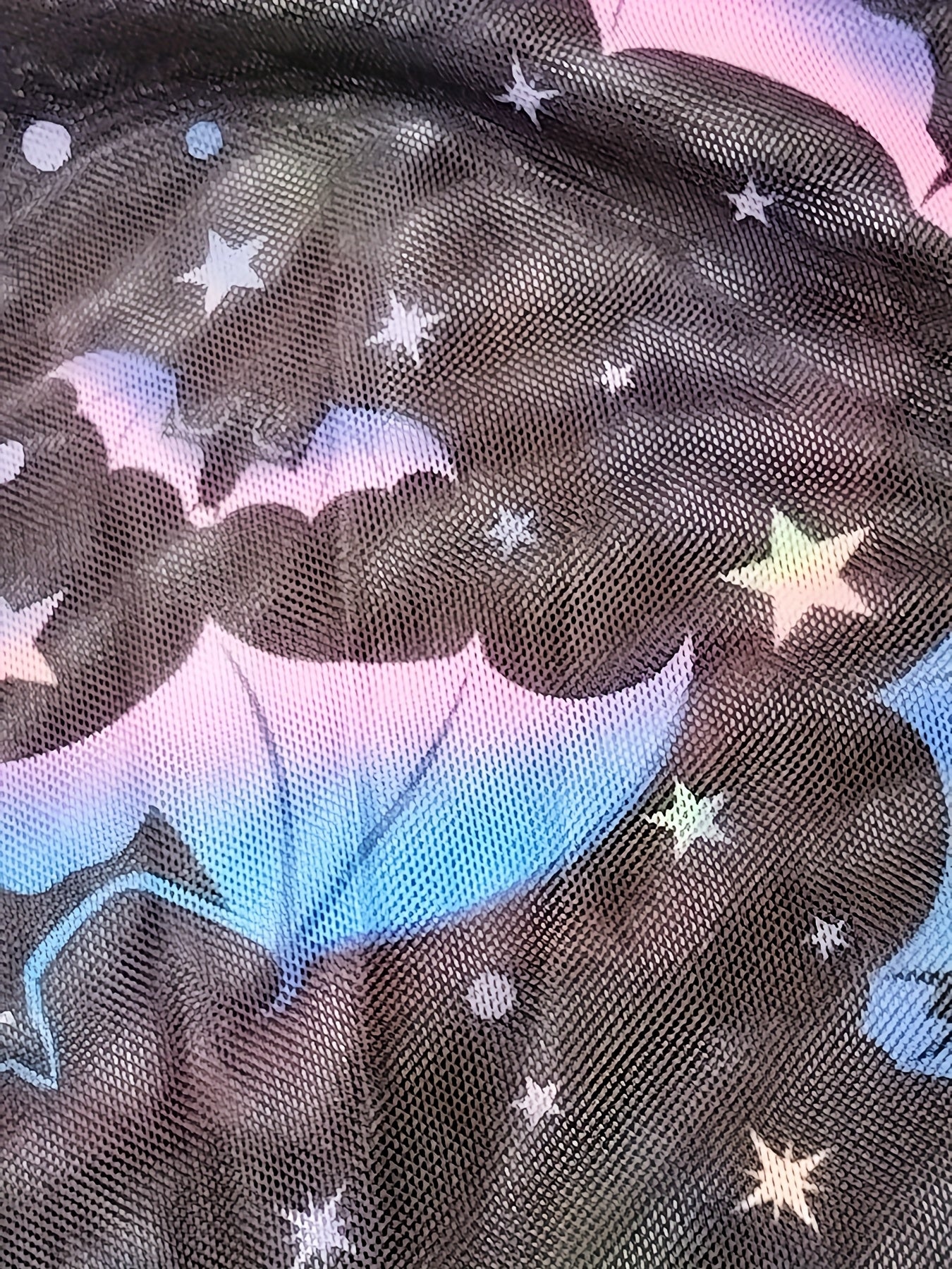 Stylish Bat Print T-Shirt Women's Short Sleeve Round Neck Blouse Spring/Summer New Versatile Women's Tee Sheer Mesh Crop Top No Underwear Included