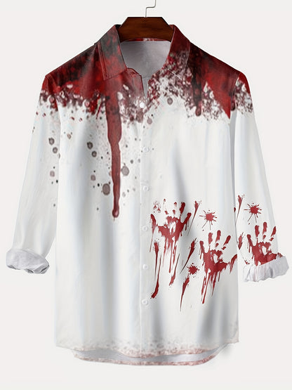 Scary Blood & Handprint Pattern Men's Long Sleeve Lapel Shirt, Men's Halloween Style Clothing For Spring Fall