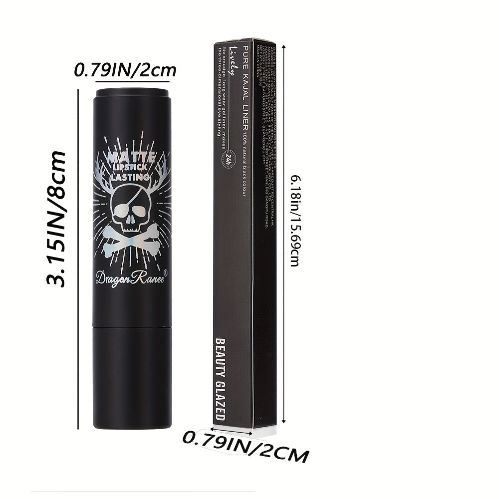 2pcs dark style makeup set, matte black lipstick with long-lasting waterproof eyeliner, black smoky eyeshadow, perfect for Halloween, create a weird and cute makeup, BEAUTY GLAZED