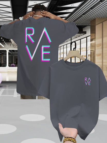 Men'S Summer Casual RAVE Graphic T-Shirt - Black with Pink & White Neon Print, Short Sleeve, Round Neck, Lightweight Polyester Blend, Perfect for Casual Attire, Everyday Tshirt | Round Neck Shirt | Comfortable Fit