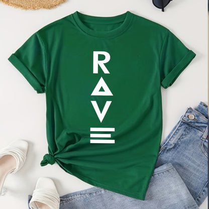 1pc Women's Crewneck T-Shirt - Black with White RAVE Typography Print, Techno Music Inspired Design, Casual Short Sleeve Tee for EDM Festivals & Summer Outings, Machine Washable, Exclusive Deal of the Day Gift Idea, T-shirt S