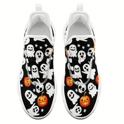 Ghosts and Pumpkins Ladies Outdoor Blade Bottom Breathable Mesh Face Shock Absorption Comfortable Wear Resistant Bounce Low Top Sports Shoes, Suitable for Halloween Shoes