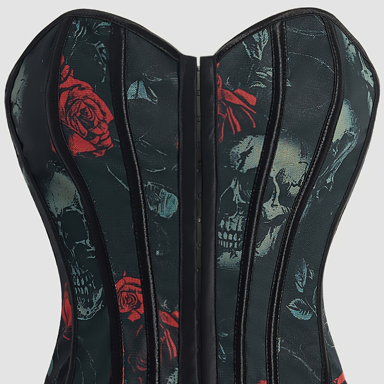 [Statement Fashion] Elegant Skull Print Lace-Up Corset Top for Women - Gothic Style, High Support, Tummy Control, Black with Red Roses & Skull Design, No-Pad Bustier, Hand Wash Only