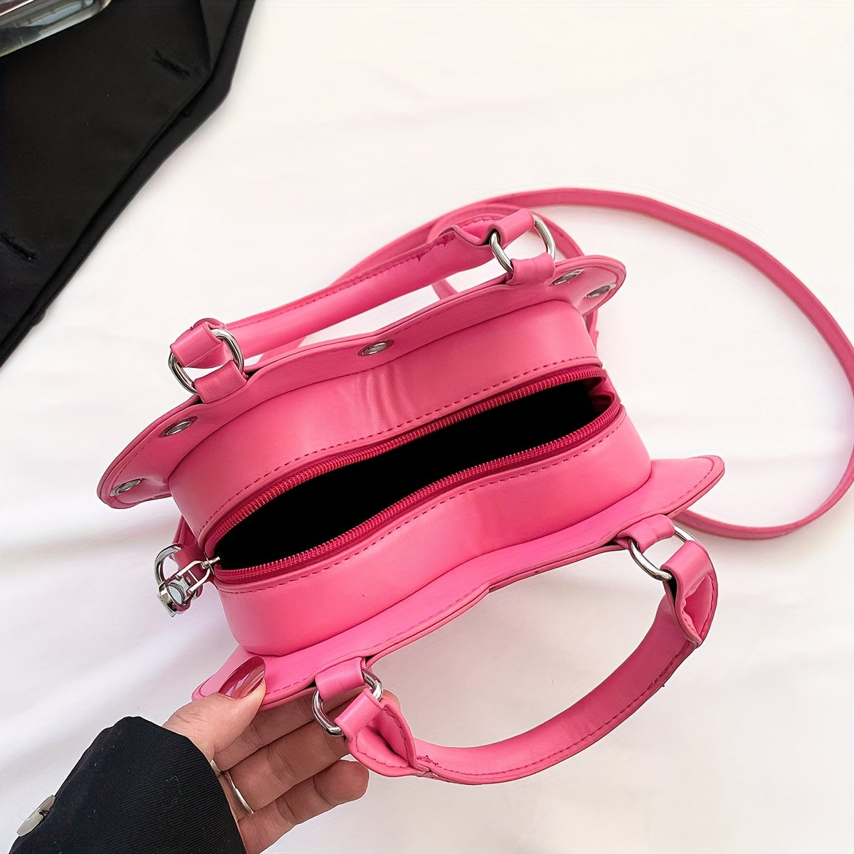 Spider Web Print Heart-Shaped Crossbody Bag for Women - Adjustable Detachable Strap, Zipper Closure, Gothic Handbag in Pink/Black, Y2K Rock Punk Style for Halloween, Music Festivals & Role Play, Spiderweb Purse, Halloween Acc