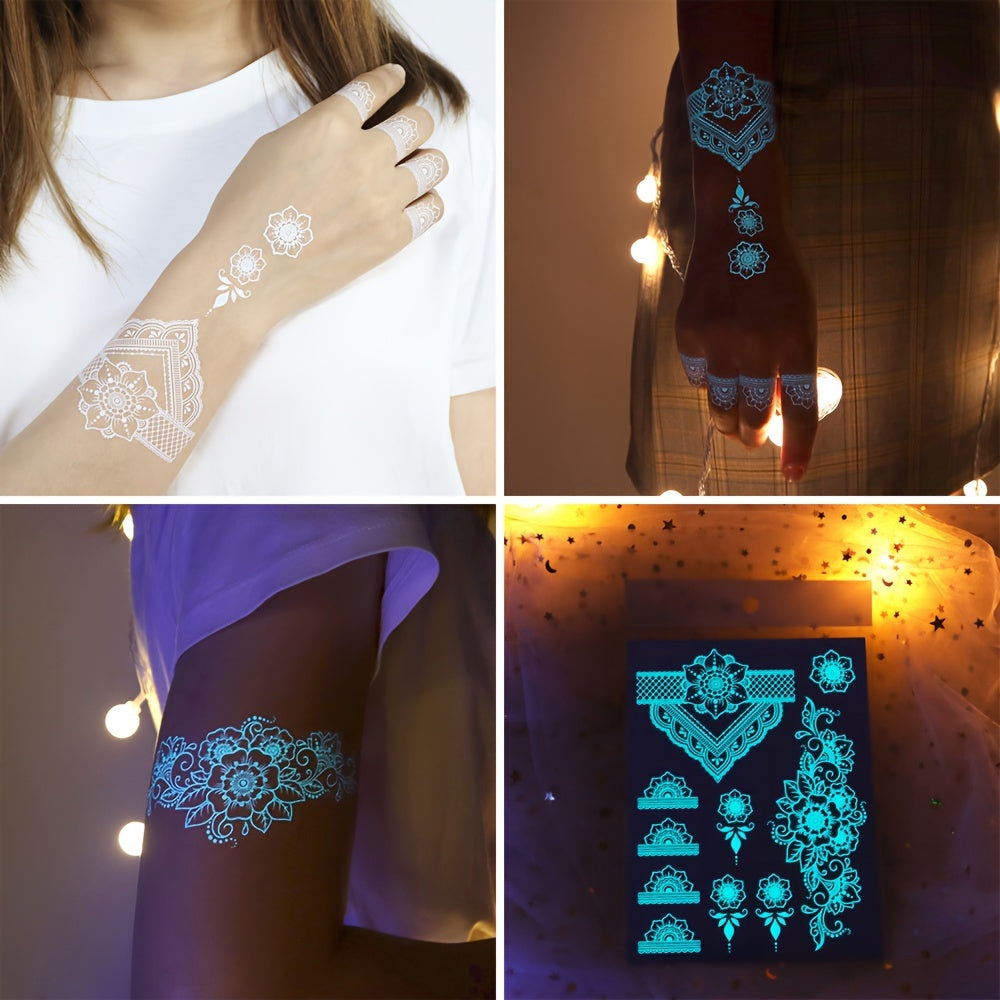 6 Sheets Glow-in-the-Dark Blue Luminous Tattoo Stickers - Tribal White Lace Lotus Mandala Flower Designs, Waterproof Fake Jewelry Pendant Pattern, Perfect for Wedding, Music Festival, Party Supplies and Daily Wear - Easy to A
