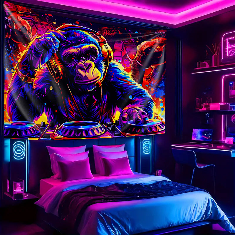 1pc Anime-Themed Blacklight Reactive Glow Tapestry, UV-Activated Wall Hanging with DJ Gorilla & Elephant, Knit Polyester Fabric, 85gsm, for Bedroom Ceiling, Dorm & Living Room Decor, No Electricity Needed