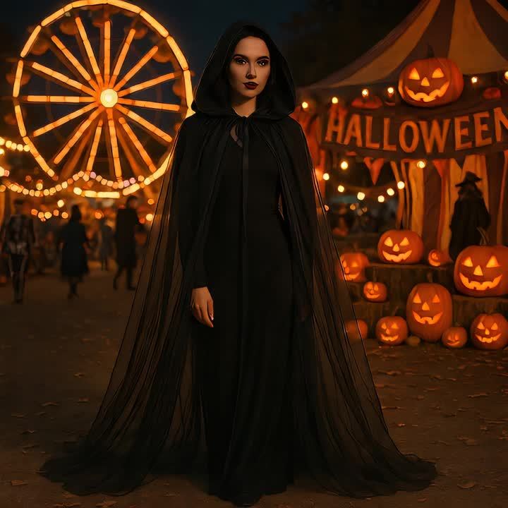 [Elegant Witch Cloak] Double Layer Elegant Witch Cloak with Hat | Halloween Cosplay Costume, Black and White - Adjustable Belt for Scary Parties, Themed Events and Holiday Wear, Tasseled Polyester Fabric, 1pc