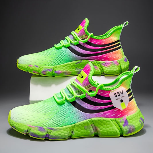 Men'S Casual Athletic Sneakers - Vibrant Pink & Green Colorblock Design, Breathable Fabric Upper, Lightweight EVA Sole, Lace-Up Low Tops for Casual Attire, Sports Shoes | Lowtop Sneakers | Comfortable Fi