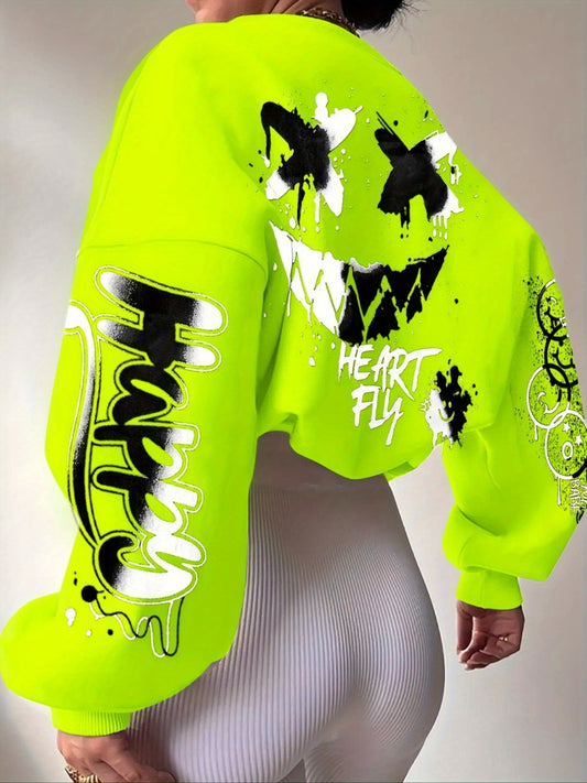 Women's Vibrant Neon Green Graffiti Print Sweatshirt -"HAPPY" & Heart Graphic, Long Sleeve, Lightweight Polyester Blend, Machine Washable, Style A4009YE197-6