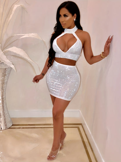 Women'S Sexy Rhinestone-Embellished Deep V-Neck Two-Piece Mini Dress - Stretchy High-Waisted Clubwear with Adjustable Spaghetti Straps, Glittery Sequin Detailing for Nightclub & Party Outfits, Summer Fashion, Elegant Design,