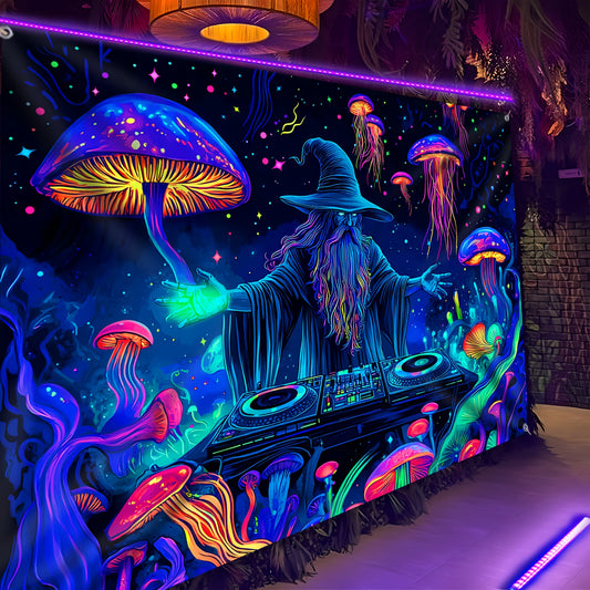 Wizard DJ Jellyfish Mushroom Fluorescent Tapestry - Halloween Outdoor Large Wall Hanging Decor for Yard Party, Hole-Punched Easy Hang, Festive Gift, Polyester, No Electricity Needed