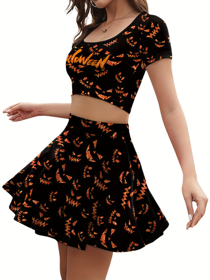 Women'S Halloween Skull 3D Print Top & Skirt Set - Black with Orange Pumpkin & Bat Design, Short Sleeve Crop Top & Mini Skirt, Perfect for Festive Occasions, Festive Attire|Playful Print|Short Sleeve Top, Halloween Costume