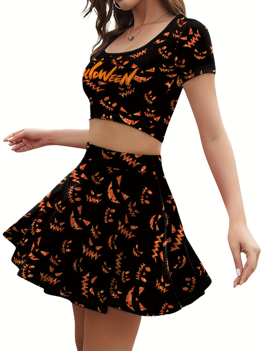 Women'S Halloween Skull 3D Print Top & Skirt Set - Black with Orange Pumpkin & Bat Design, Short Sleeve Crop Top & Mini Skirt, Perfect for Festive Occasions, Festive Attire|Playful Print|Short Sleeve Top, Halloween Costume
