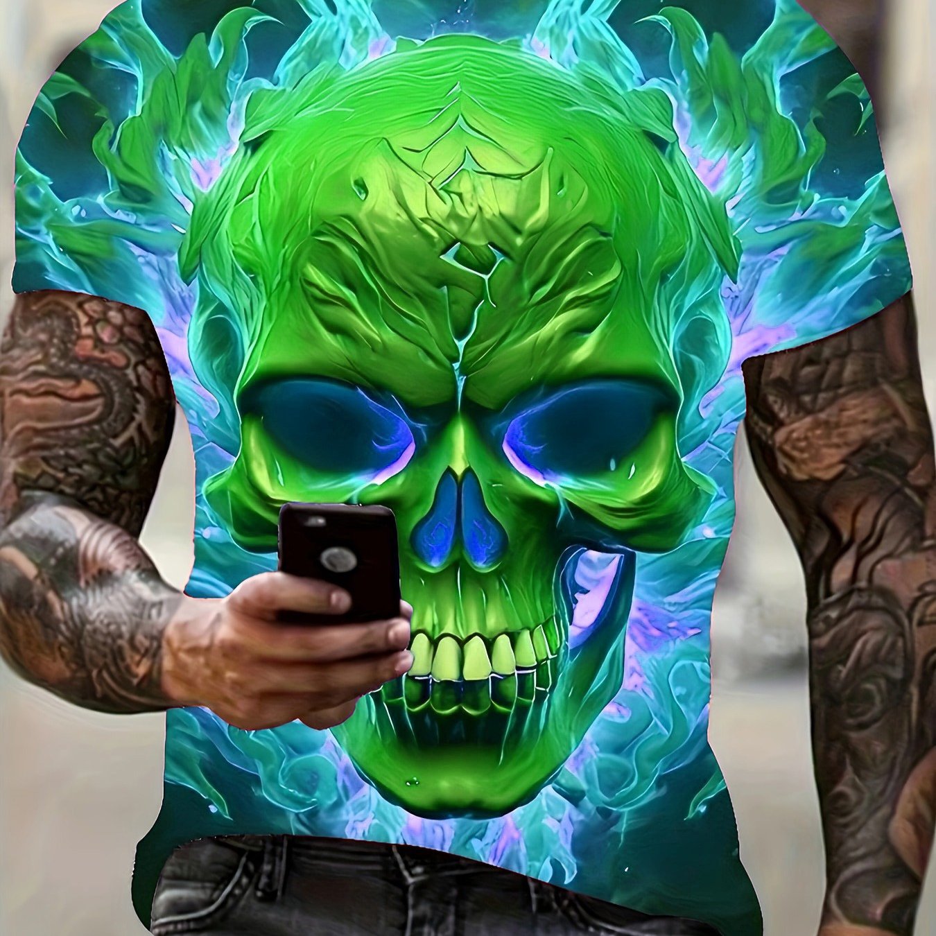 Men'S Plus Size 3D Skull & Flames Graphic T-Shirt - Bold Neon Green & Blue Casual Short Sleeve Tee with Digital Print, Round Neck Regular Fit Summer Top for Edgy Streetwear & Casual Attire, Skull T Shirt, Comfortable Fit, Str
