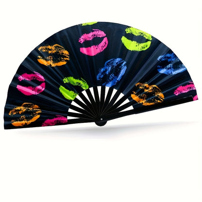 13 - Inch Reactive Bamboo Folding Fan with Vibrant Lip Print Design - Glow in The Dark Party Accessory for EDM, Dance Festivals, Club Events and Women'S Fashion, Nightlife Gear, Tropical Vibe Accessory