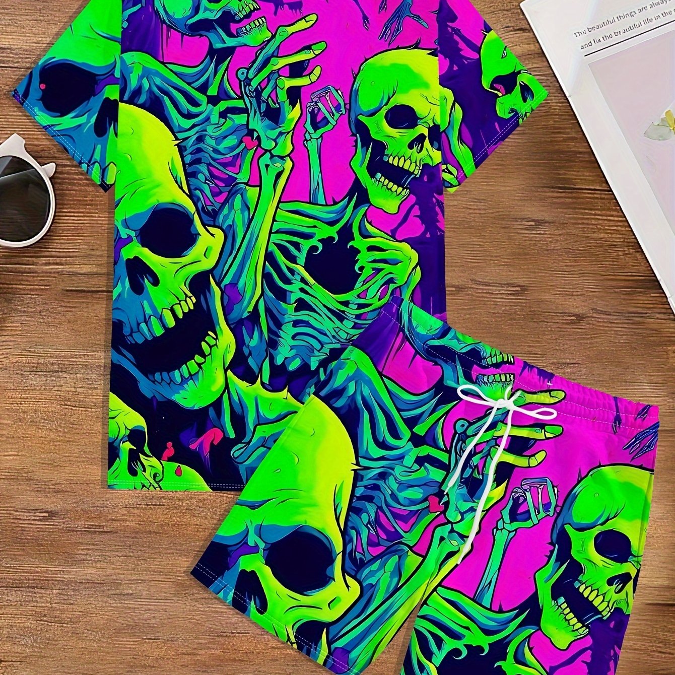 [Vibrant Skull Print Set] Vibrant Pink Men's Novelty Skull Print T-Shirt & Shorts Set | Green, Yellow & Blue Skeleton Design, Casual Crew Neck, Polyester Knit Fabric, Geometric Pattern, Regular Fit Pajama & Lounge Suit, Plus