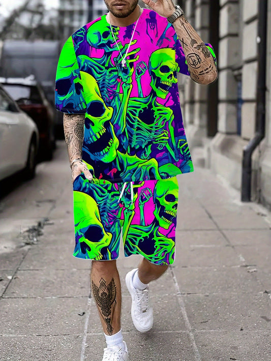 [Vibrant Skull Print Set] Vibrant Pink Men's Novelty Skull Print T-Shirt & Shorts Set | Green, Yellow & Blue Skeleton Design, Casual Crew Neck, Polyester Knit Fabric, Geometric Pattern, Regular Fit Pajama & Lounge Suit, Plus