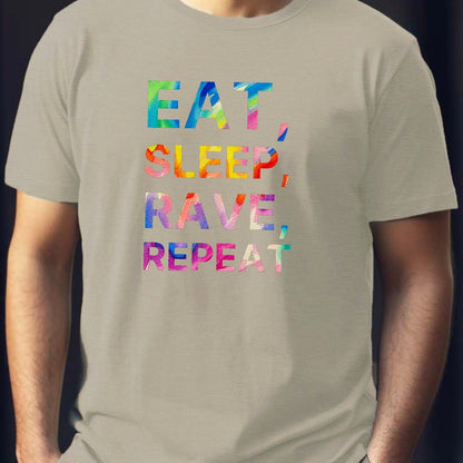 Eat Sleep Rave Repeat Letter Print Men's Summer Short Sleeve Crew Neck Tees, Breathable Polyester Fabric T-shirt, Casual Comfortable Versatile Top For Everyday Wear