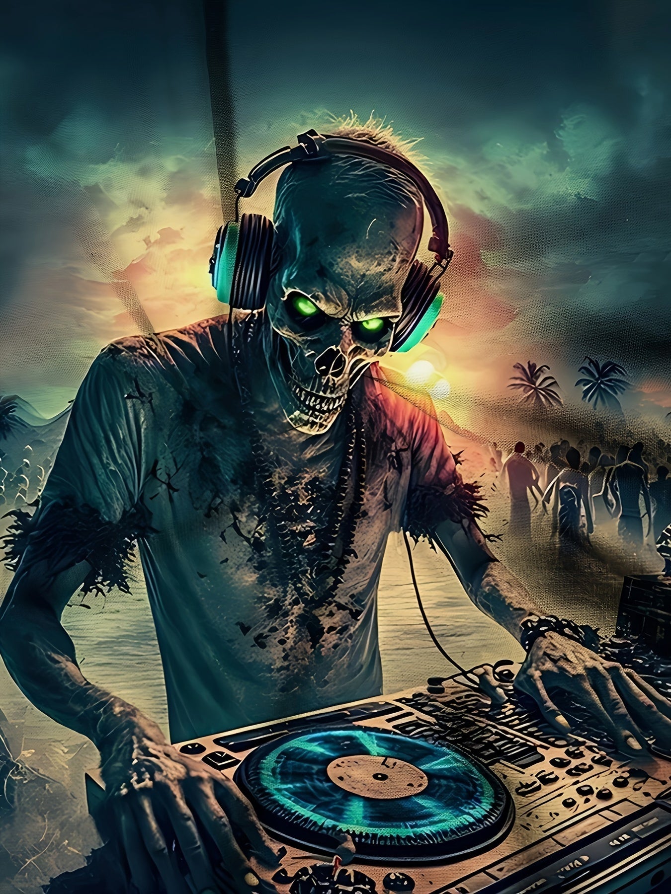Men's Zombie DJ Graphic T-Shirt - with Glowing Green Eyes, Dark Blue Crew Neck Tee for EDM Clubs, Halloween Parties & Streetwear - Machine Washable Summer Shirt for Music Lovers, Party Outfit, Bold Print, Highquality Print, S