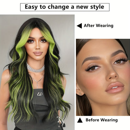 [Halloween Green Wig] Halloween Long Curly Wavy Green Wig for Women | Modest Fashion Middle Part Wigs with Curtain Bangs High Density Synthetic Fiber Fake Hair Trick or Treat Wear Beginners Glueless Wig Accessories Cosplay Pa