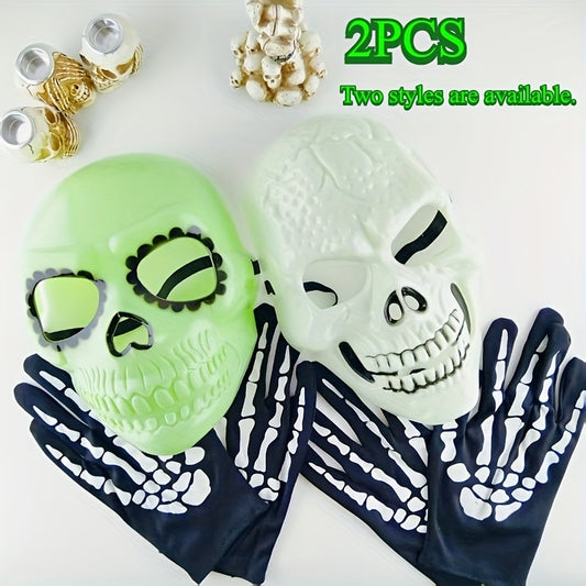 2pcs Glow-in-the-Dark Green Skull Series Luminous Mask & Gloves - Halloween Costume Party Accessory, Fashionable Plastic Makeup Masks for Nighttime Festivities, Halloween Costumes, Glowing Mask, Glowindark Feature