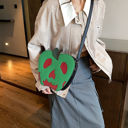 [Halloween] Women's Halloween Skeleton Apple Crossbody Bag - Adjustable Strap, Zipper Closure, Polyester Lining, Green & Red Contrast Design, Perfect For Halloween Accessories, Halloween Accessories Bag | Skeleton Apple Print