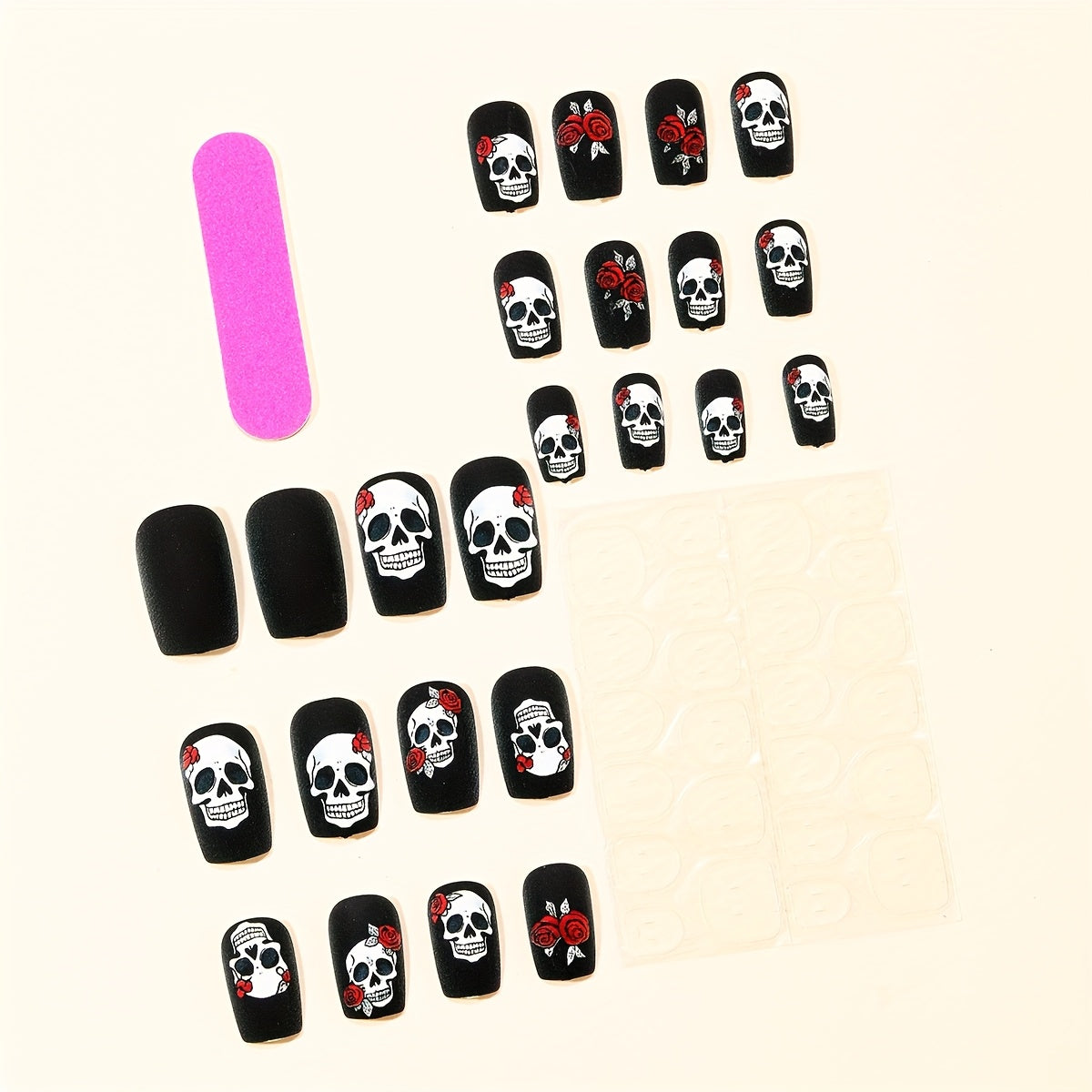 [Halloween Nails] 24pcs Halloween Nails | Black Matte Rose Skull Print Design, Full Coverage Press False Nails for Women's Holiday Party Nail Art Decoration
