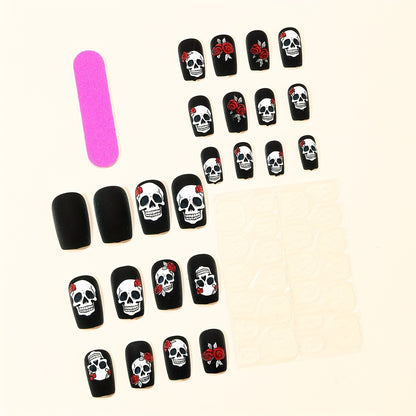 [Halloween Nails] 24pcs Halloween Nails | Black Matte Rose Skull Print Design, Full Coverage Press False Nails for Women's Holiday Party Nail Art Decoration