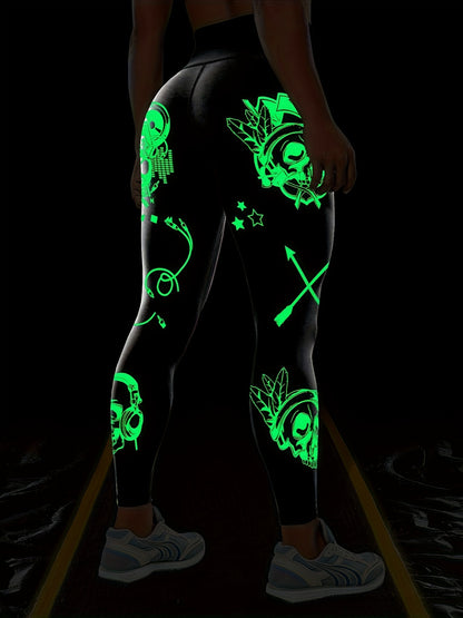 Women'S High-Waisted Stretchy Fitness Leggings with Glow-in-the-Dark Skull Print - Black, Elastic Waistband, Long Length for Running, Yoga & Halloween Party Wear, Yoga Pants, Halloween Leggings, Bold Graphic Pants, Highelasti