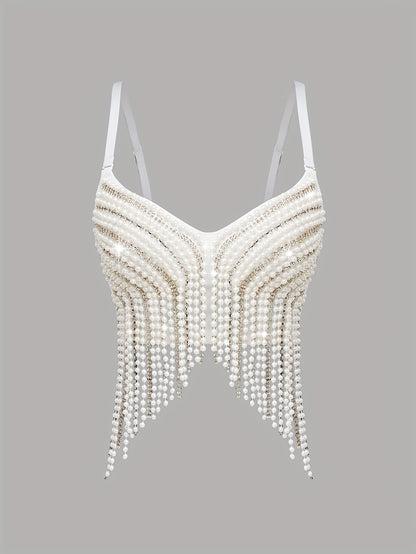 Sexy Fishbone Corset Top with Pearl Embellishments & Tassel Details - Vibrant Pink Stretchy Spaghetti Strap Bustier for Nightclub, Concert, Festival - Versatile All-Season Women's Fashion, Concert Attire, Elegant Style, Styli