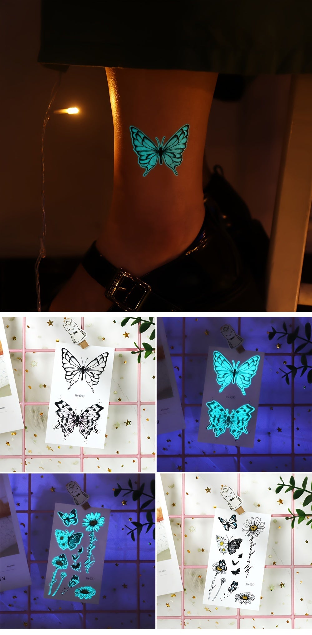 12 Sheets Luminous Glow in the Dark Temporary Tattoos - Waterproof Fake Tattoo Stickers with Butterfly & Floral Designs, Neon Blue Glow for Nightclub, Festival, Party Decoration, Festival Body Art | Mystical Design Elements |