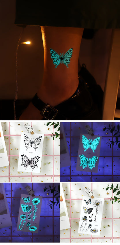 12 Sheets Luminous Glow in the Dark Temporary Tattoos - Waterproof Fake Tattoo Stickers with Butterfly & Floral Designs, Neon Blue Glow for Nightclub, Festival, Party Decoration, Festival Body Art | Mystical Design Elements |