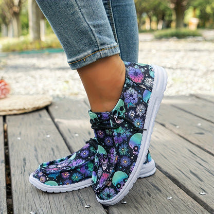 Women's Skull & Floral Print Slip-On Loafers - Lightweight Casual Shoes with Round Toe, Easy On/Off Design, Breathable Fabric & EVA Sole for All-Season Wear, Skull Shoes, Leisure Footwear, Unique Pattern Footwear, Flexible Fo