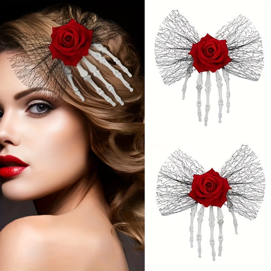 [Gothic Skull Hair Clip] 1pc Vintage-Style Gothic Skull Hair Clip with Faux Roses And Lace | Fashionable Side Hairpin for Spooky Vibe, Perfect for Parties And Everyday Wear