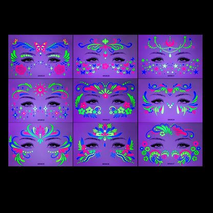 9 Sheets Neon Temporary Tattoos, Blacklight Waterproof Tattoo Stickers, Facial & Body Art Makeup for Night Parties, Music Festivals, and Events, Various Design