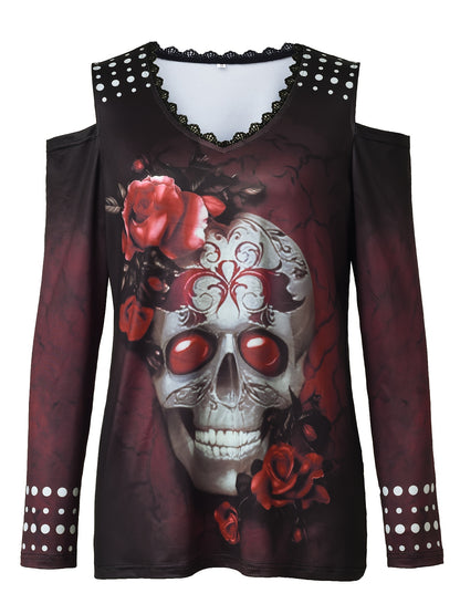 Vintage Skull Print Cold Shoulder T-Shirt - Trendy Long Sleeve Design with Cozy Fit, Distressed Retro Look, and Bold Graphic Print - Perfect for Spring & Fall, Womens Fashion Clothing