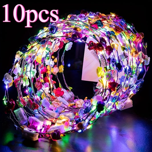 10pcs LED Flower Crown Headbands - Battery-Powered Multicolor Floral LED Lights for Weddings, Parties, Birthdays, Christmas, New Year - Lightweight PVC Party Accessories & Photo Props, Perfect Gift for All Occasions, Festive