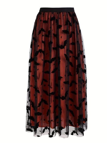 Plus Size - Elegant Plus Size Purple Tulle Skirt with Black Bat Print - Mid-Length, Flowy Design, Perfect for Casual or Formal Occasions, Formal Occasion Skirt | Bat Print Skirt | Polyester Fabric